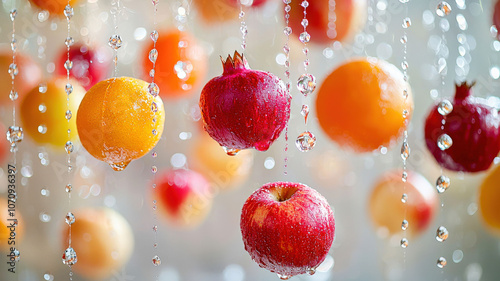 An array of colorful, juicy fruits like pomegranates, oranges, and apples suspended in mid-air, resembling a festive chandelier, with sparkling juice droplets evoking a celebration of flavors