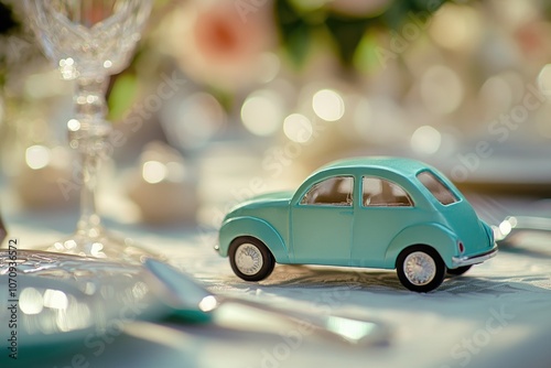 A small toy car sitting on a table