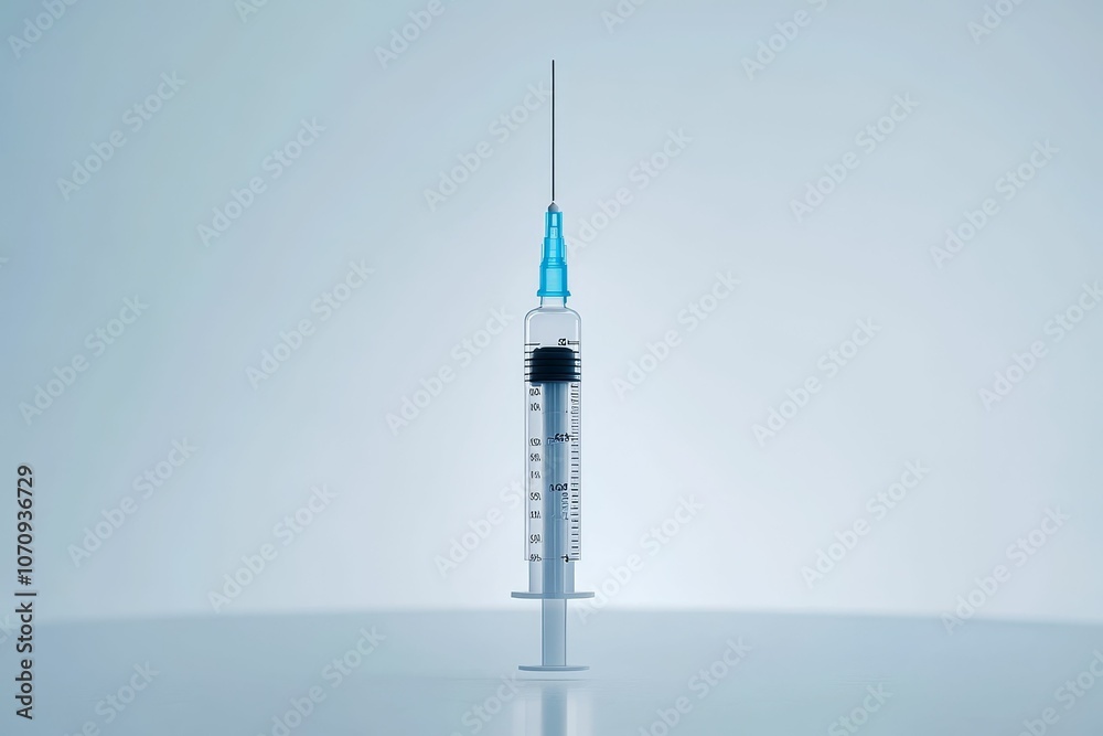 A sterile syringe stands on a table. A sterile syringe stands on a table.