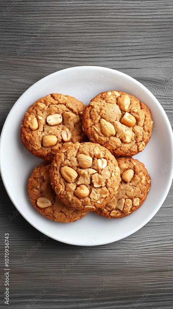 Homemade peanut cookies with crunchy whole nuts on white plate. Golden-brown, crispy edges, and soft centers. Rustic wood background adds texture. Homemade peanut cookies with crunchy whole nuts on white plate. Golden-brown, crispy edges, and soft centers. Rustic wood background adds texture.