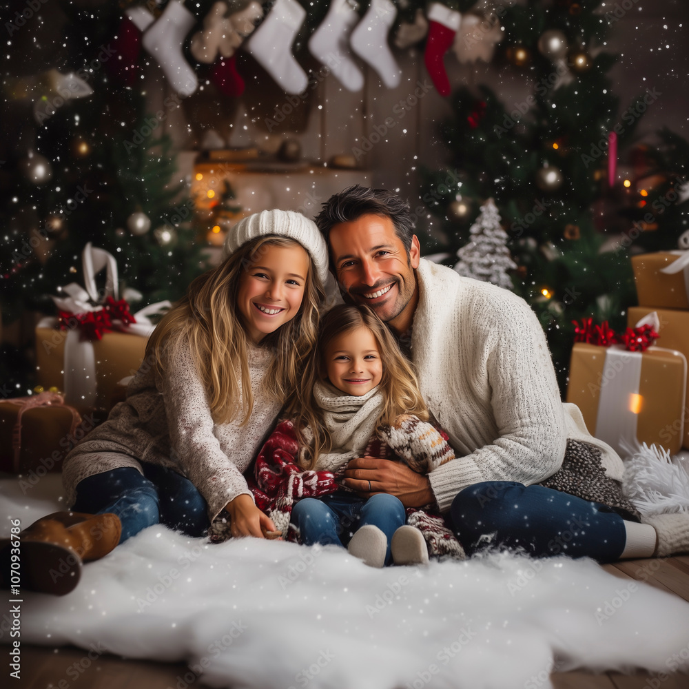 Father with 2 daughters sitting on the floor on Christmas. Father with 2 daughters sitting on the floor on Christmas.