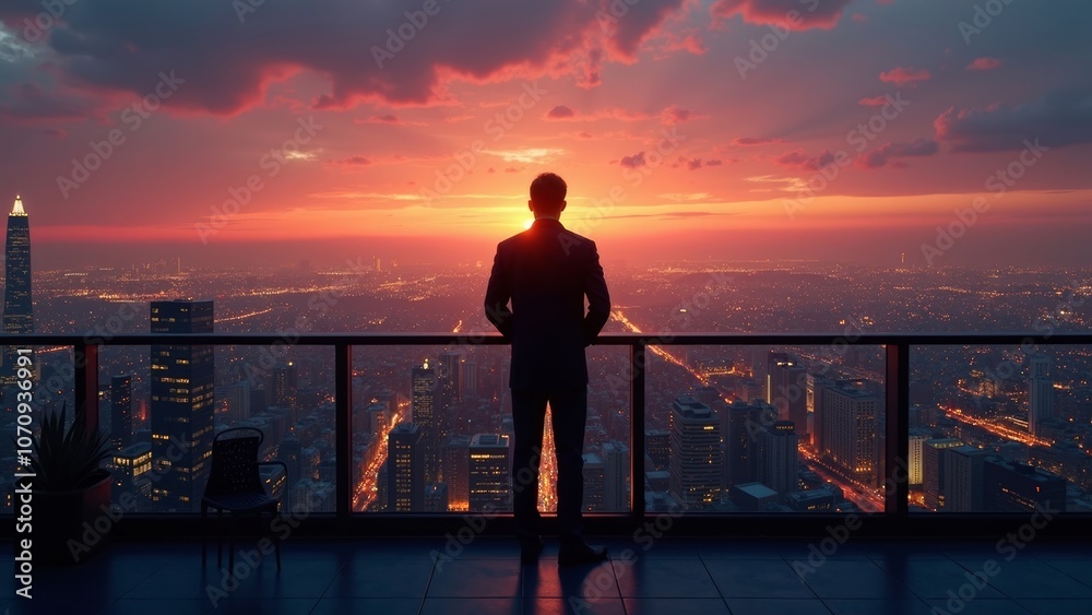 Fototapeta premium Sunset Sophistication: Urban Rooftop Escape with Stunning Views