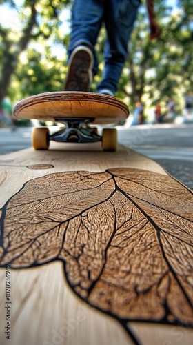 Close-up of a skateboard wheel on a wooden longboard with an intricate leaf design, capturing the essence of outdoor adventure and artistic craftsmanship. photo