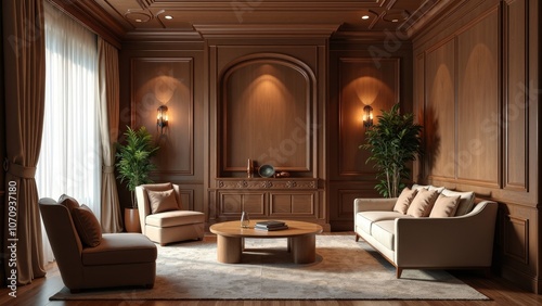 Luxurious Living Room with Antique Wooden Furniture and Ambient Lighting