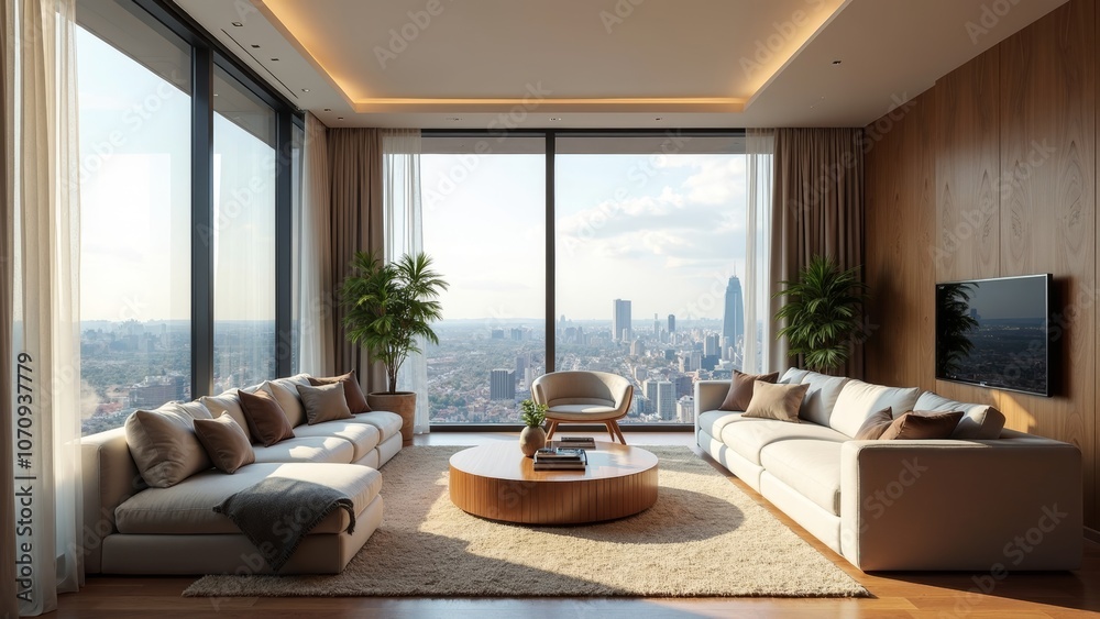 Fototapeta premium Elegant Penthouse Lounge with Expansive Views of the City