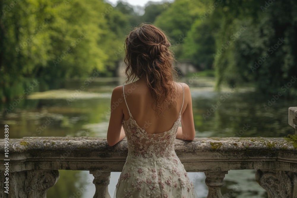 A woman stands by the edge of a river, gazing out at the water A woman stands by the edge of a river, gazing out at the water
