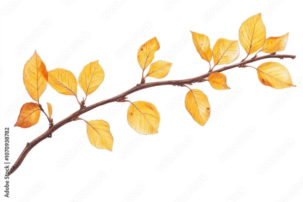 A single branch with bright yellow leaves against a clean white background
