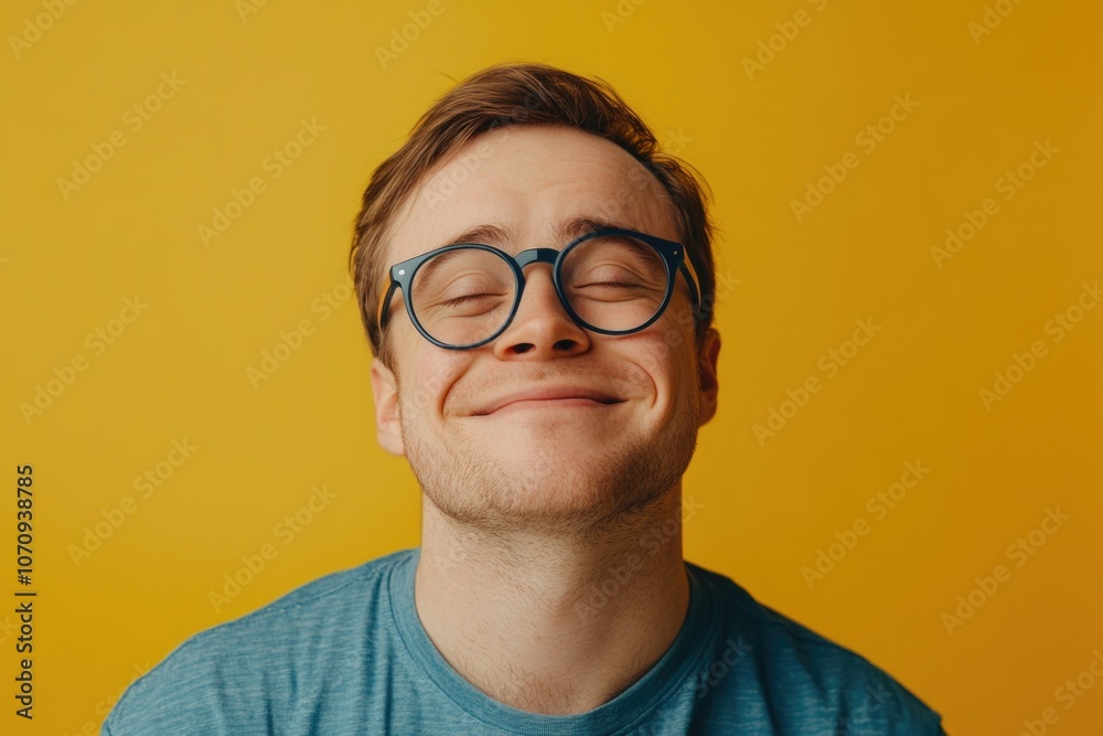 A smiling man wearing glasses and a blue shirt A smiling man wearing glasses and a blue shirt