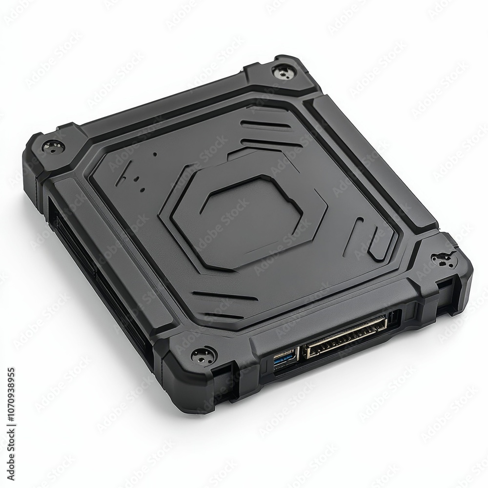 Black ruggedized external hard drive. Black ruggedized external hard drive.