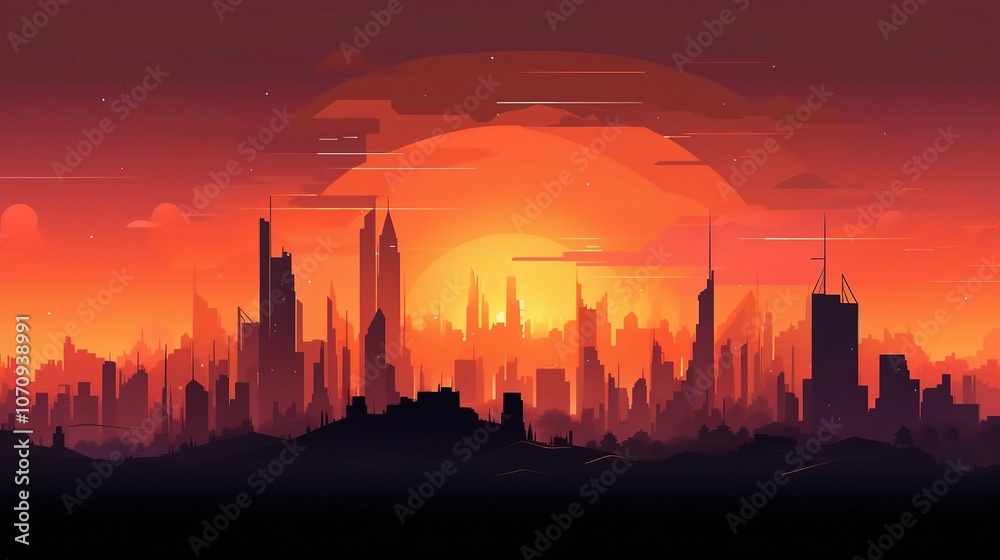 Vibrant Sunset Over City Skyline Illustration Vibrant Sunset Over City Skyline Illustration