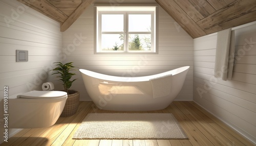 Contemporary Bathroom Interior Featuring White And Wooden Walls, Wooden Flooring, White Bathtub With Towel And A Carpet, Along With A Toilet. 3d Visualization. photo