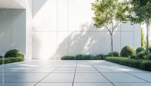 Fototapeta Naklejka Na Ścianę i Meble -  Modern Building Entrance With Large White Wall Showcased In 3d Rendering, Demonstrating Mal Architecture Design.