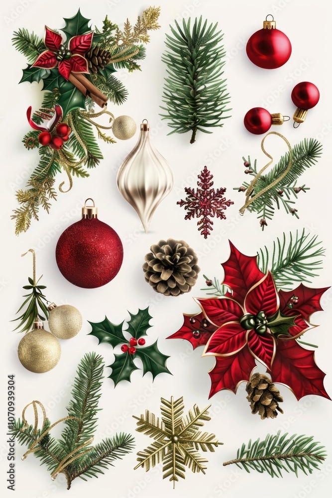 A collection of Christmas decorations on a white surface A collection of Christmas decorations on a white surface