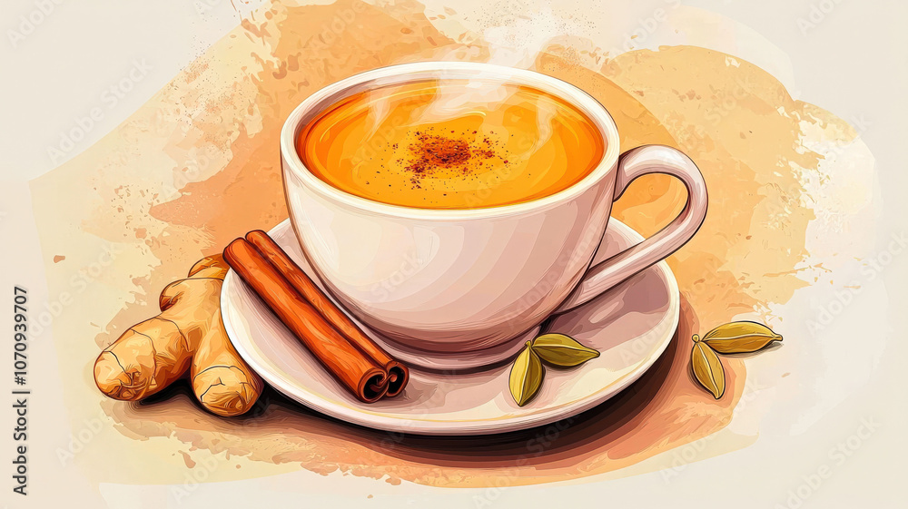 An illustration of a cup with saucer filled with brown milky masala chai, surrounded by ginger, cinnamon, and cardamom, styled with royal colors and a minimalistic design An illustration of a cup with saucer filled with brown milky masala chai, surrounded by ginger, cinnamon, and cardamom, styled with royal colors and a minimalistic design