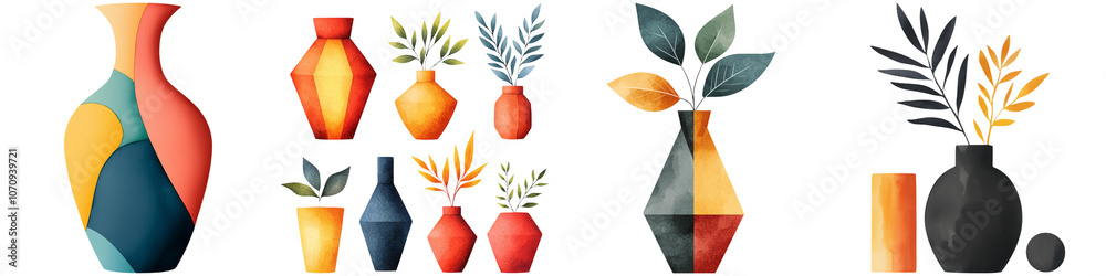A collection of colorful vases with geometric shapes, some featuring foliage, showcasing vibrant colors and artistic design. A collection of colorful vases with geometric shapes, some featuring foliage, showcasing vibrant colors and artistic design.