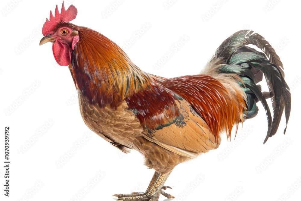 Fototapeta premium A rooster stands on a clean white surface, ready for action