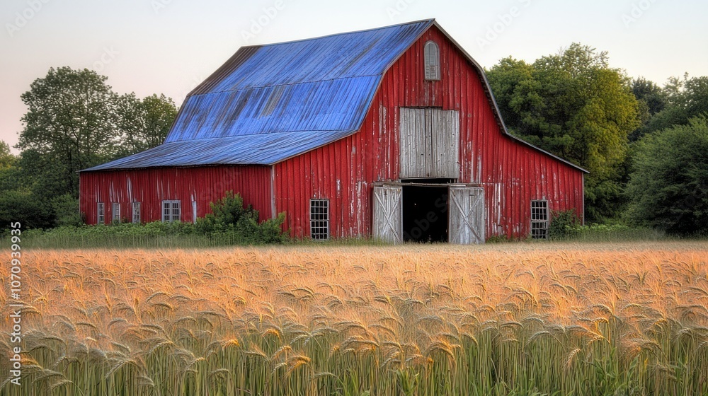Obraz premium Red barn with blue roof in a field of wheat at sunset.