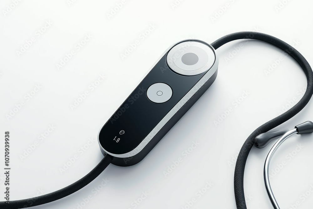 Modern black and silver stethoscope on white background. Modern black and silver stethoscope on white background.