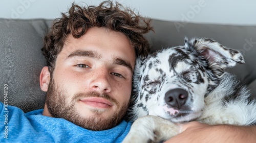 An anxious man is comforted by an emotional support animal, whose empathetic companion provides immediate emotional support to him