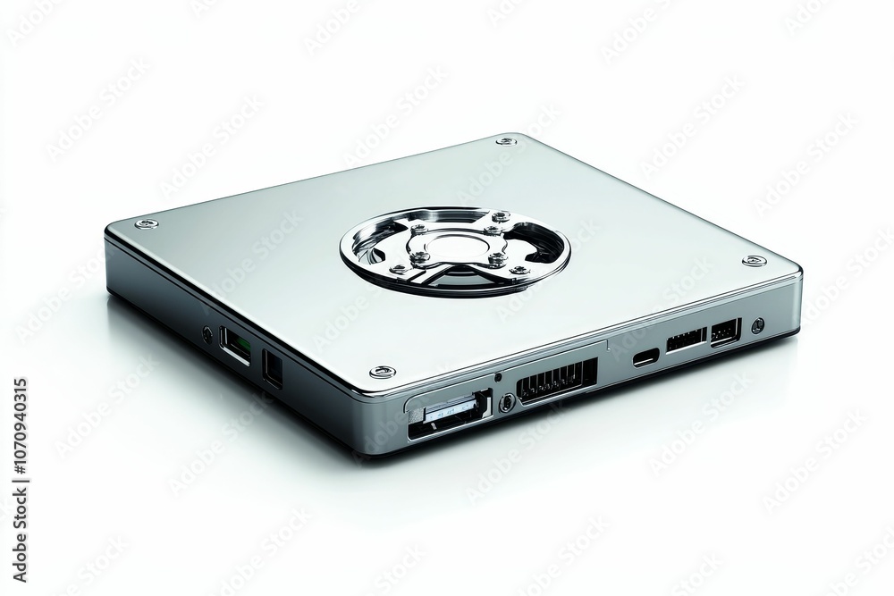 A silver computer with ports on the back. A silver computer with ports on the back.