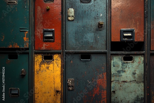 Weathered Metal Lockers with Rusted and Faded Paint