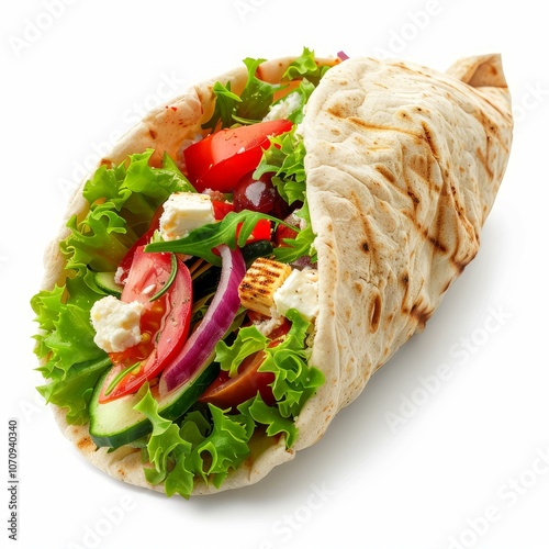 Delicious looking greek gyros pita stuffed with fresh vegetables and feta cheese isolated on white background