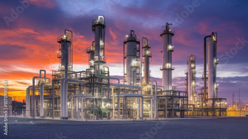 A stunning industrial scene at dusk showcases a gas processing facility with towering structures illuminated against a vibrant sunset sky.