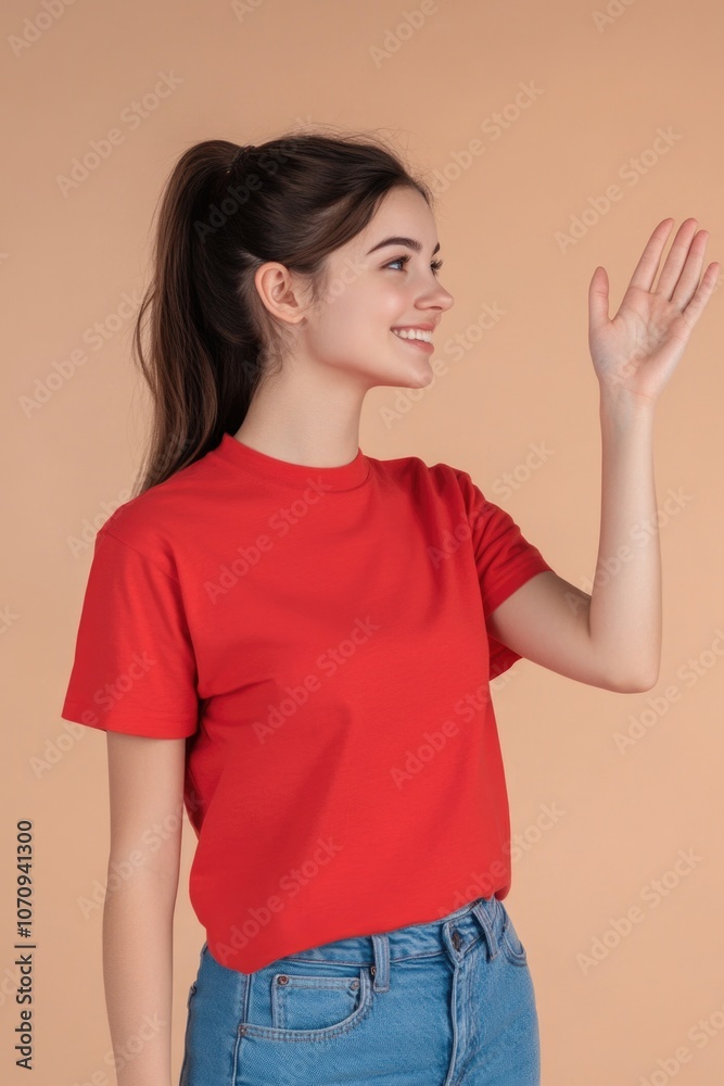 A woman in a red shirt is waving her hand, likely signaling for attention or greeting someone A woman in a red shirt is waving her hand, likely signaling for attention or greeting someone