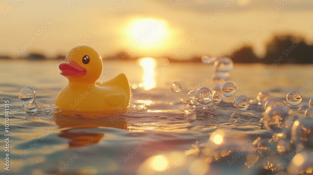A rubber duck floats calmly on the surface of the water as the sun sets in the background A rubber duck floats calmly on the surface of the water as the sun sets in the background
