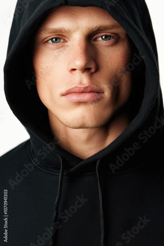 A person wearing a black hoodie gazes straight into the lens