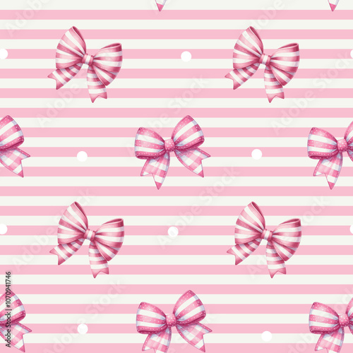 Seamless pink bow pattern on striped background, simple universal print, stylish vector illustration, repeat design, elegant decoration, cheerful wallpaper, textile, cute soft ribbon motif, perfect