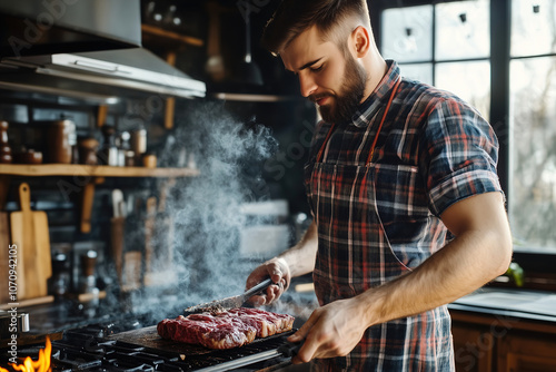 A man grills steaks in a rustic kitchen filled with smoke during a weekend cookout at home. Generative AI