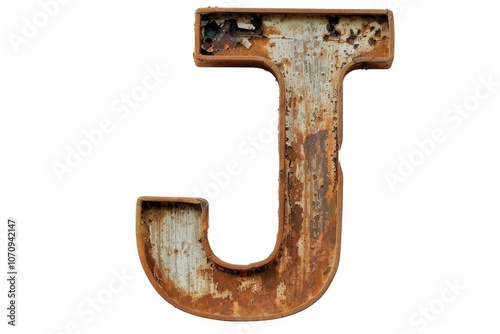 A vintage-style metal letter 'J' with a distressed finish, set against a clean white background photo