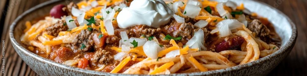 Delicious Loaded Nachos with Ground Beef Cheese and Sour Cream on Spaghetti for Tex-Mex Fusion Cuisine Fans Enjoying Savory Comfort Food Recipes Delicious Loaded Nachos with Ground Beef Cheese and Sour Cream on Spaghetti for Tex-Mex Fusion Cuisine Fans Enjoying Savory Comfort Food Recipes