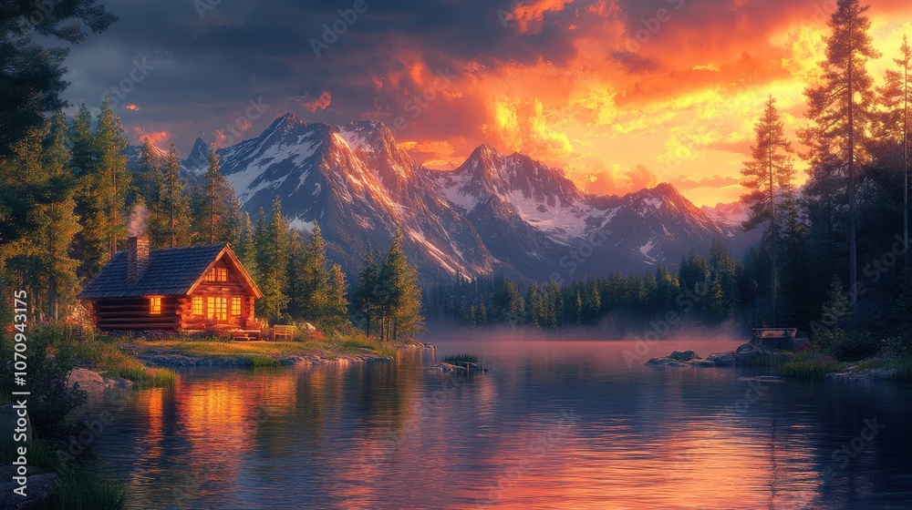 Fototapeta premium Scenic Log Cabin by Lake in the Mountains at Sunset
