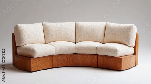 A stylish, modern curved sofa featuring plush beige upholstery and a warm wooden base, perfect for contemporary living spaces.