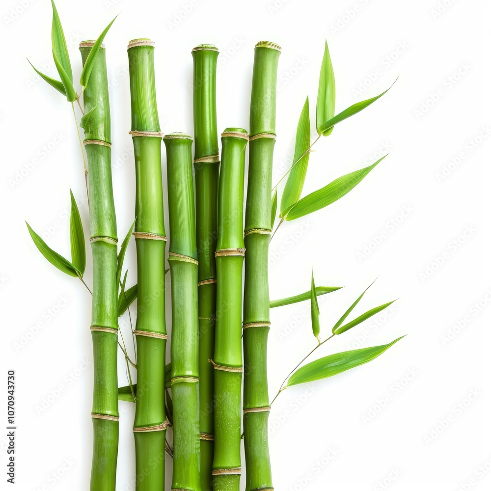 Fototapeta premium Freshly cut green bamboo shoots standing against a white background