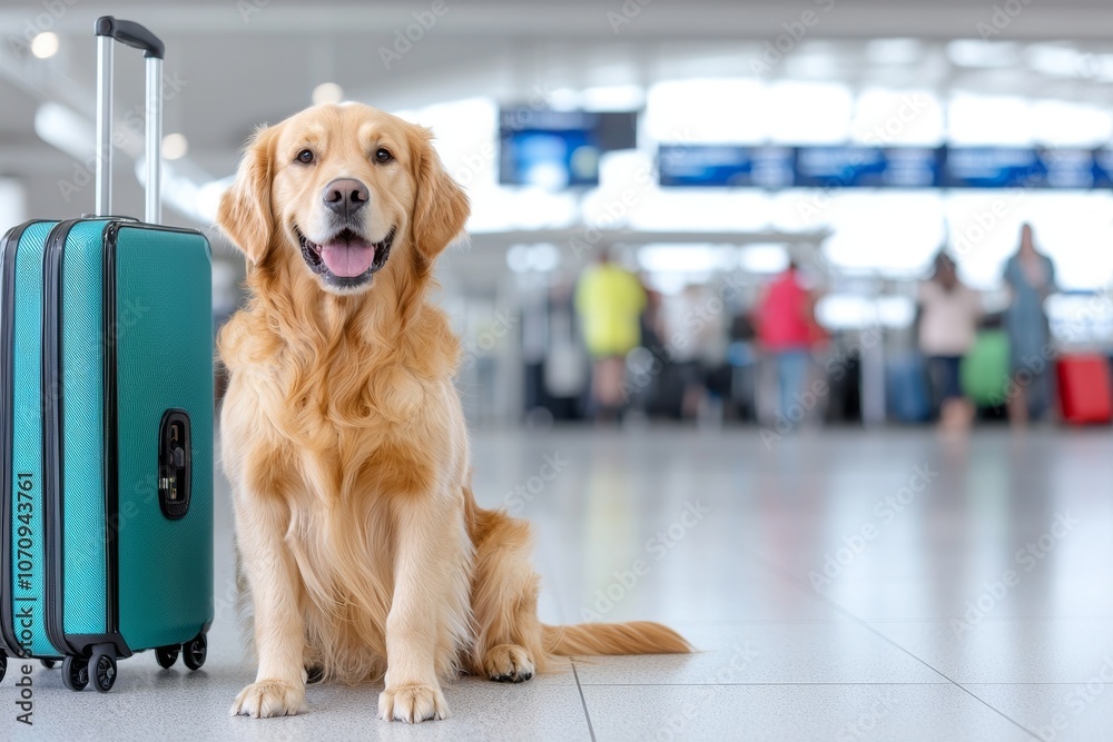 As a busy airport terminal bustles, a golden retriever waits patiently next to a traveler As a busy airport terminal bustles, a golden retriever waits patiently next to a traveler