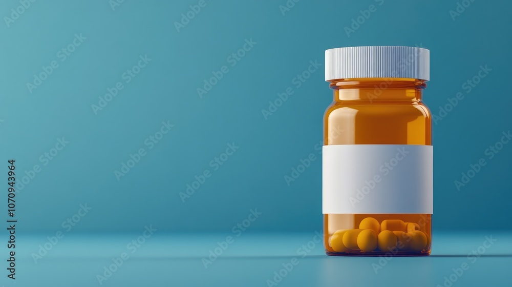 A bottle of pills sits on a blue surface A bottle of pills sits on a blue surface