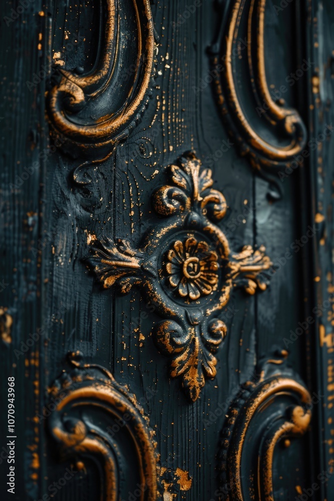 A close-up shot of a black door featuring intricate gold decorations A close-up shot of a black door featuring intricate gold decorations