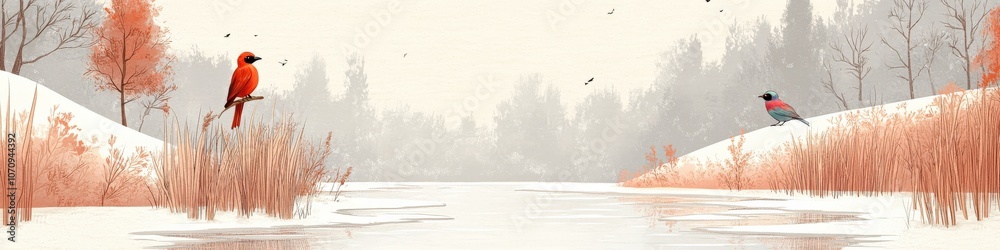 Fototapeta premium Serene Winter Landscape with Birds, Snowy River, and Frosty Trees in Tranquil Nature Scene Capturing Peaceful Quiet Beauty of Cold Season Wildlife and Scenery