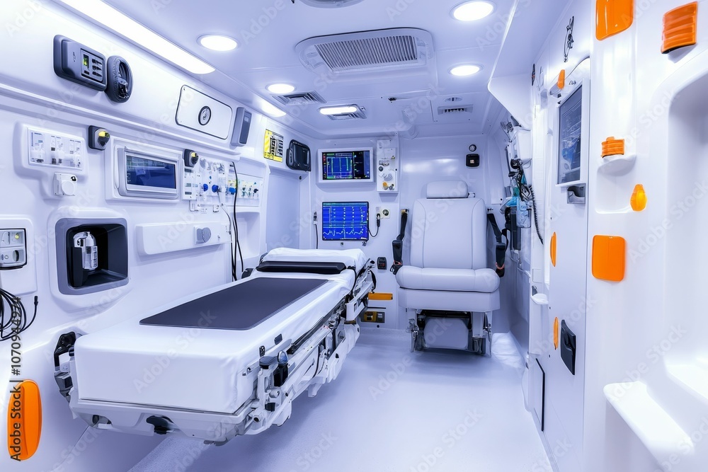 Ambulance interior with stretcher, seat, and medical equipment. Ambulance interior with stretcher, seat, and medical equipment.