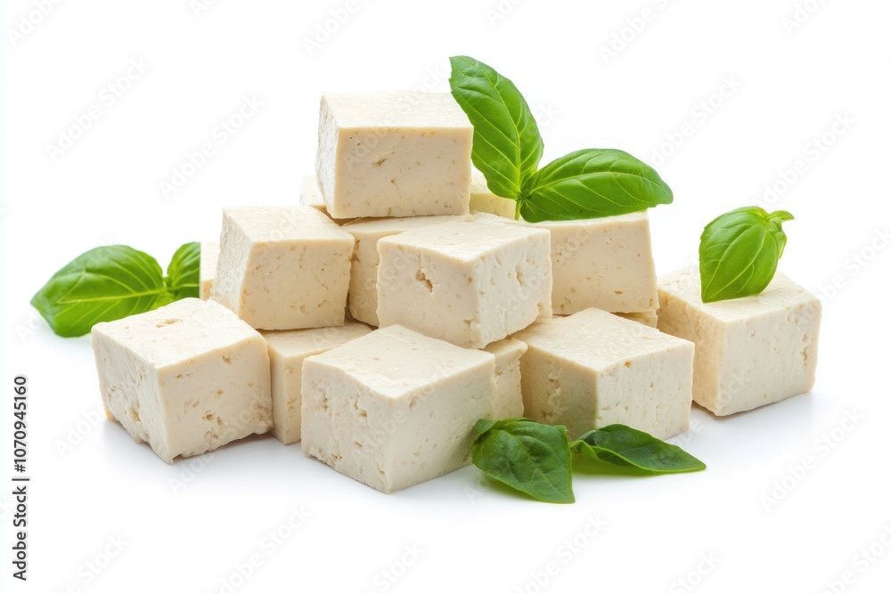 A pile of tofu cubes garnished with fresh basil leaves A pile of tofu cubes garnished with fresh basil leaves