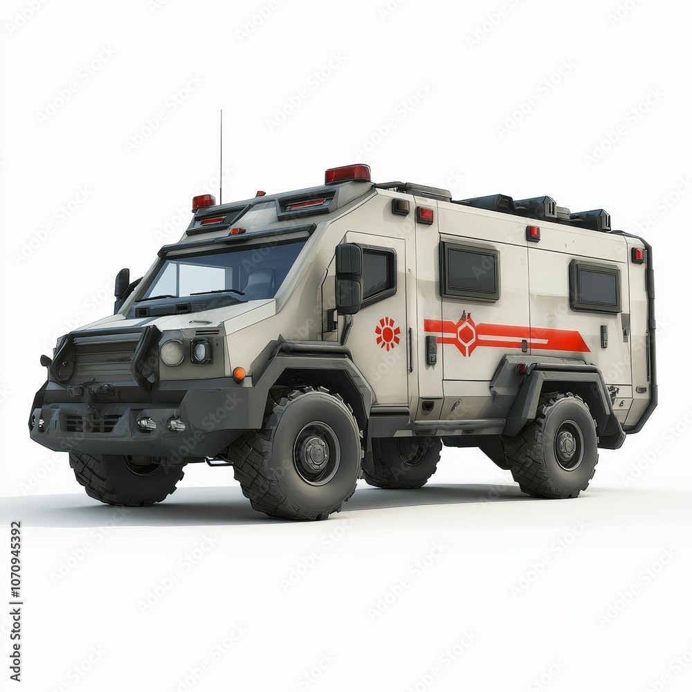 White medical vehicle with red accents. White medical vehicle with red accents.