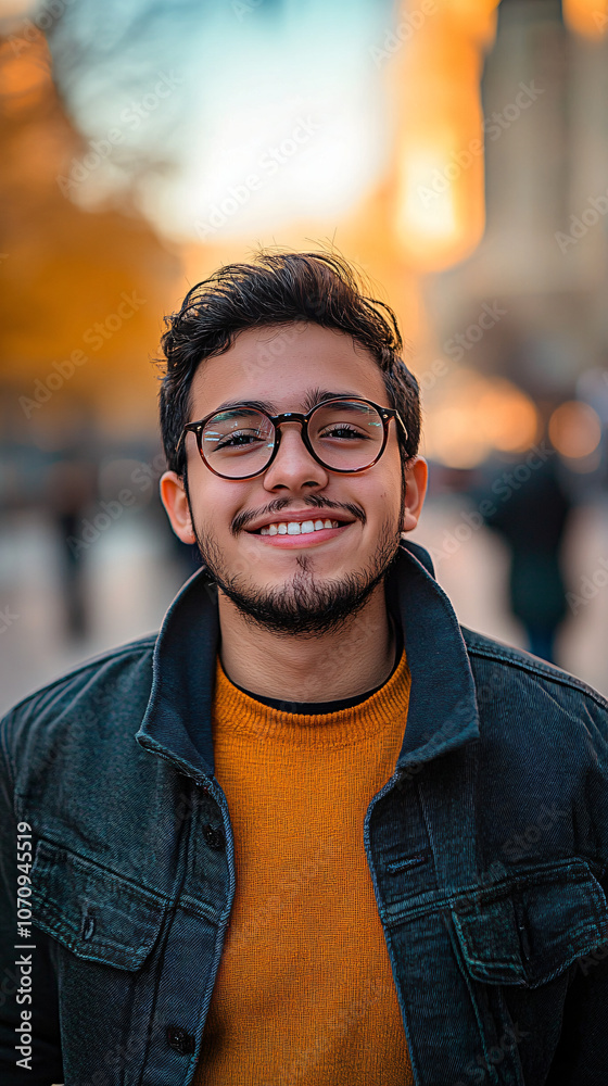Fototapeta premium Confident and stylish young man in an urban city street, smiling brightly in a cozy yellow sweater and trendy blue jacket