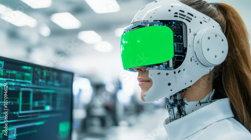 Woman in a white lab coat and a futuristic headset looks to the side.