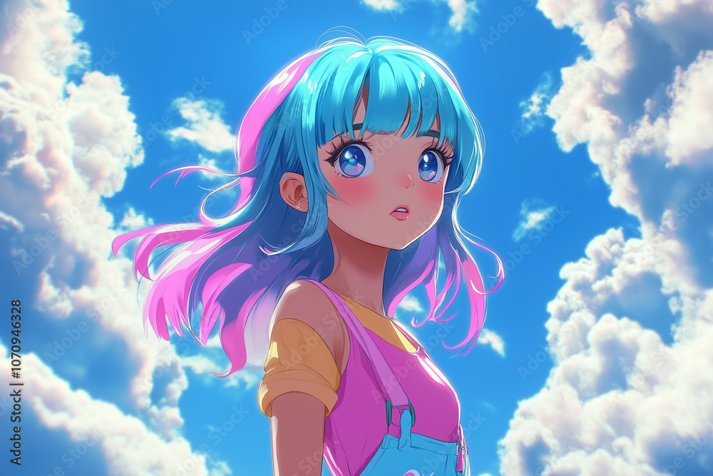 beautiful cute anime girl looking cuiriesly and vibrant sky beautiful cute anime girl looking cuiriesly and vibrant sky