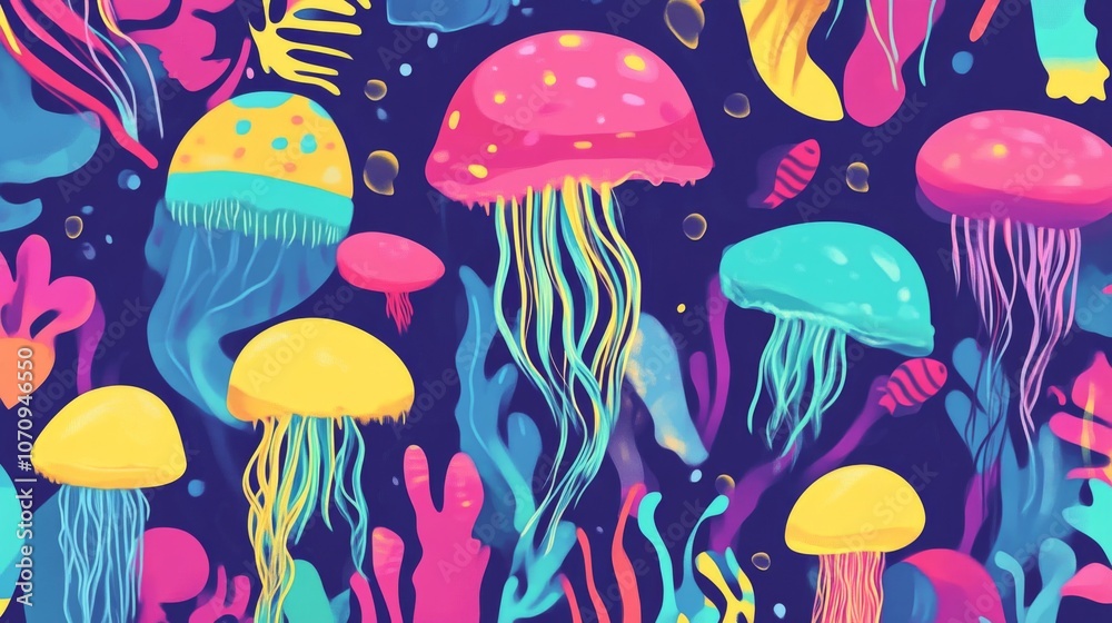 Vibrant Jellyfish Underwater: A Colorful Ocean Scene Vibrant Jellyfish Underwater: A Colorful Ocean Scene