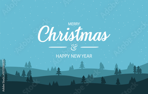 Christmas decoration border with snowy hills and pine fir tree. Blue Christmas and New Year's Eve backdrop background wallpaper. Christmas and New Year design holiday frame. Vector illustration