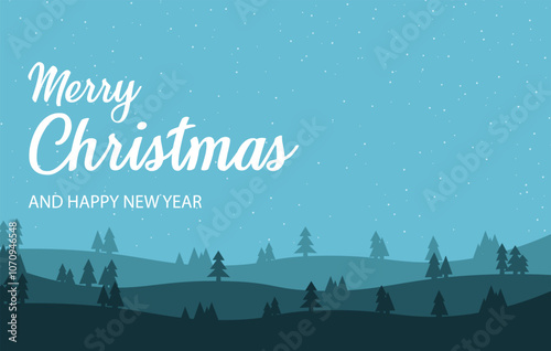 Christmas decoration border with snowy hills and pine fir tree. Blue Christmas and New Year's Eve backdrop background wallpaper. Christmas and New Year design holiday frame. Vector illustration